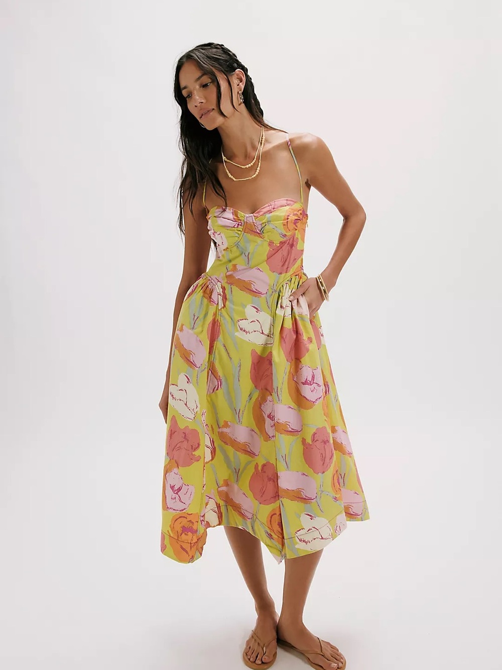 Free People Floral Spaghetti-Strap Midi Dress in Lime & Pink